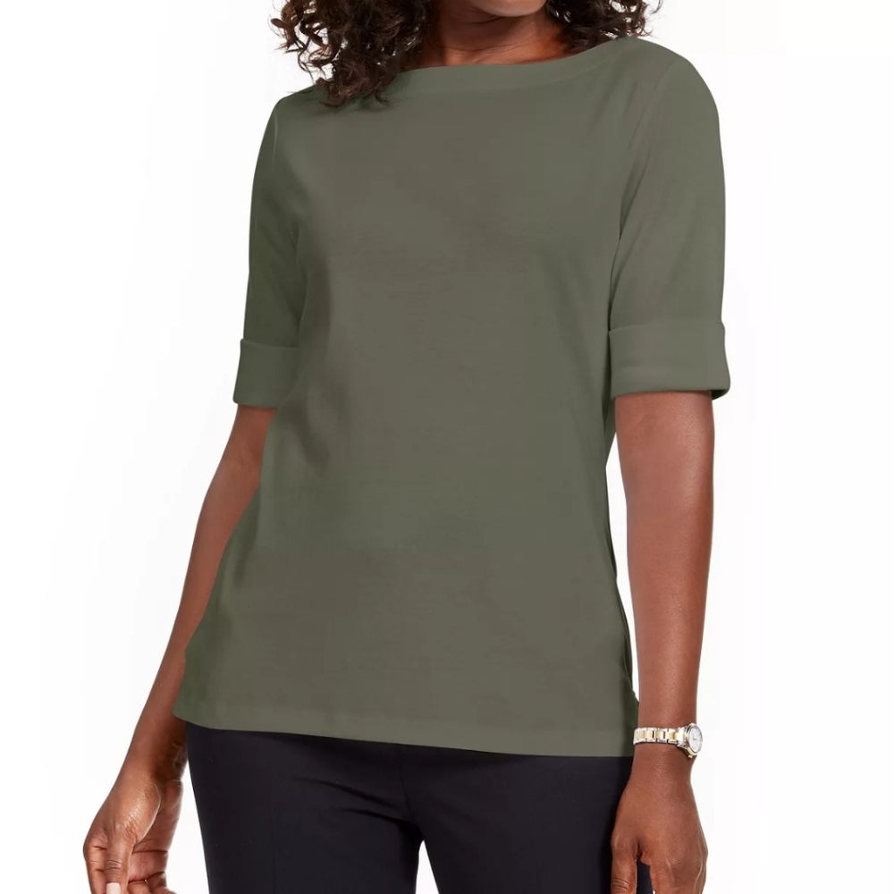 Olive Green Pullover Tee with 3/4 Sleeves